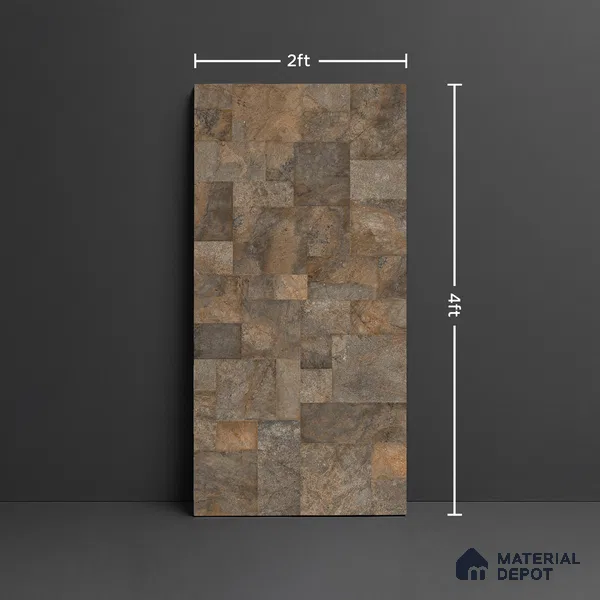 Brown Stone Floor & Wall Tile TL 06951 Prestige Evardo Brown 2 ft x 4 ft Vitrified Carving Matte Finish - 9 mm | 4 Random Design | Suitable for Living Room, Bedroom, Bathroom