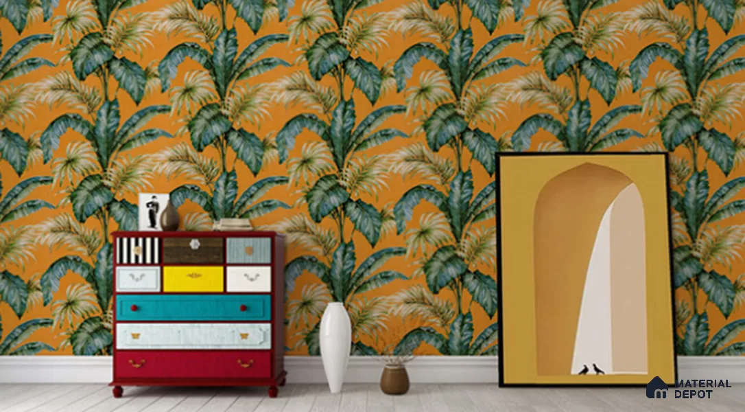 21052 | Mustard Banana Leaf Non Woven Floral Wallpaper - 10 Meter x 21 Inches, 57.41 Sq. Ft.