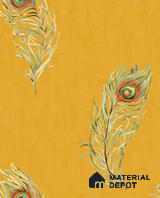 21058 | Mustard Yellow Peacock Feather Non Woven Patterned Wallpaper - 10 Meter x 21 Inches, 57.41 Sq. Ft.