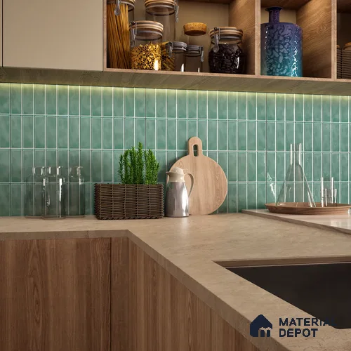 Faux Subway Wall Tile TL 04687 Vertiline Brick Solara Seaside Green 2 ft x 1 ft Ceramic Glossy Finish - 9 mm | Suitable For Kitchen, Bathroom Walls and Backsplashes | Please Expect a Slight Variation of Pattern