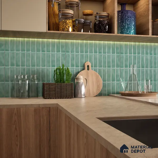 Faux Subway Wall Tile TL 04687 Vertiline Brick Solara Seaside Green 2 ft x 1 ft Ceramic Glossy Finish - 9 mm | Suitable For Kitchen, Bathroom Walls and Backsplashes | Please Expect a Slight Variation of Pattern