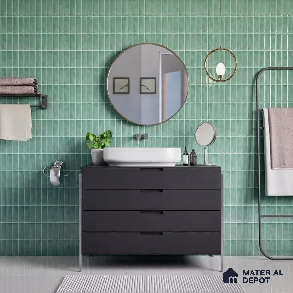 Faux Subway Wall Tile TL 04687 Vertiline Brick Solara Seaside Green 2 ft x 1 ft Ceramic Glossy Finish - 9 mm | Suitable For Kitchen, Bathroom Walls and Backsplashes | Please Expect a Slight Variation of Pattern