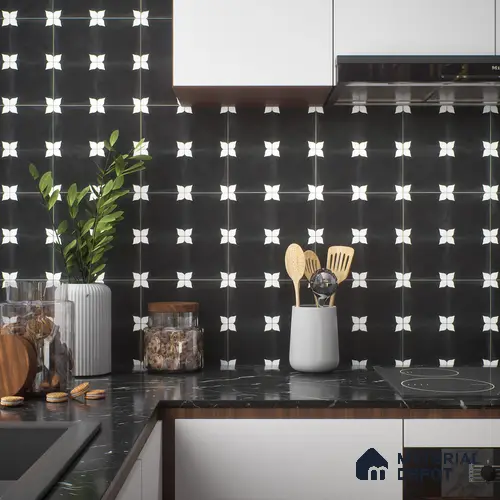 Moroccan Floor & Wall Tile TL 04354 E Athangudi Black 1 ft x 1 ft Matte Finish Ceramic Tile - 9 mm | Suitable For Kitchen, Bathroom, Dining Area | Please Expect a Slight Variation of Pattern