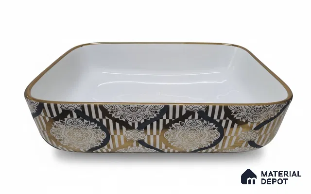 Veyora Sink BS 00120 Regal Damask 330 x 457 x 140 mm Rectangular Ceramic Glossy Finish Designer Basin - 140 mm | Suitable For Bathroom, Vanity & Utility Areas