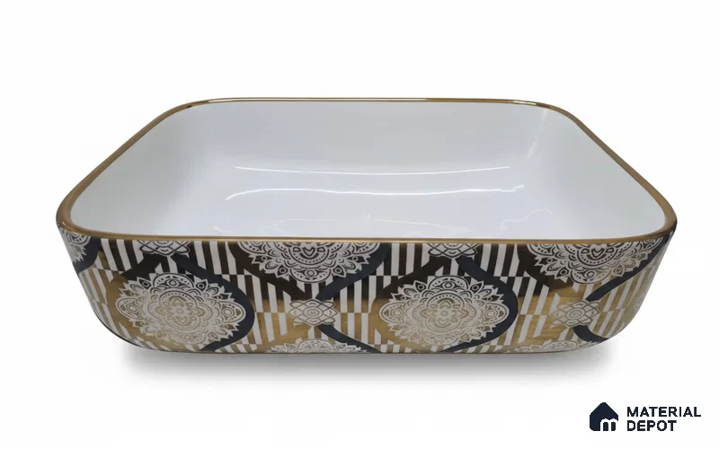 Veyora Sink BS 00120 Regal Damask 330 x 457 x 140 mm Rectangular Ceramic Glossy Finish Designer Basin - 140 mm | Suitable For Bathroom, Vanity & Utility Areas