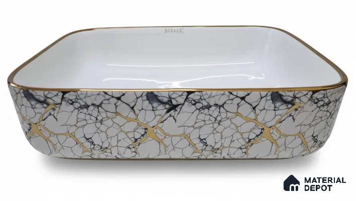 Veyora Sink BS 00123 Marble Crackle 330 x 457 x 140 mm Rectangular Ceramic Glossy Finish Designer Basin - 140 mm | Suitable For Bathroom, Vanity & Utility Areas