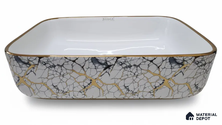 Veyora Sink BS 00123 Marble Crackle 330 x 457 x 140 mm Rectangular Ceramic Glossy Finish Designer Basin - 140 mm | Suitable For Bathroom, Vanity & Utility Areas
