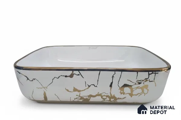 Veyora Sink BS 00121 Gold Vein 330 x 457 x 140 mm Rectangular Ceramic Glossy Finish Designer Basin - 140 mm | Suitable For Bathroom, Vanity & Utility Areas