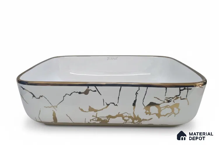Veyora Sink BS 00121 Gold Vein 330 x 457 x 140 mm Rectangular Ceramic Glossy Finish Designer Basin - 140 mm | Suitable For Bathroom, Vanity & Utility Areas