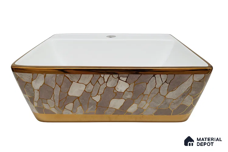 Veyora Sink BS 00128 Champagne Mosaic 356 x 457 x 160 mm Rectangular Ceramic Glossy Finish Designer Basin - 160 mm | Suitable For Bathroom, Vanity & Utility Areas