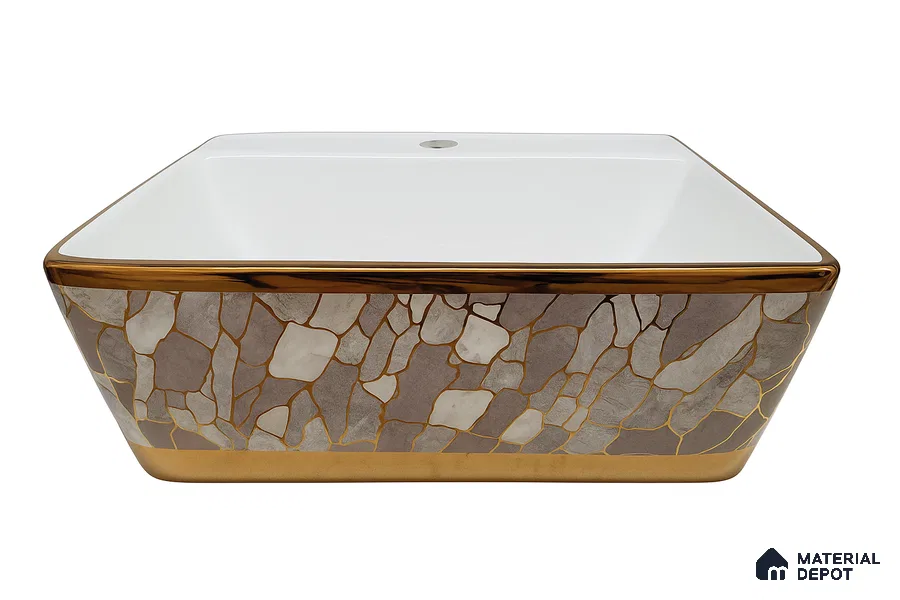 Veyora Sink BS 00128 Champagne Mosaic 356 x 457 x 160 mm Rectangular Ceramic Glossy Finish Designer Basin - 160 mm | Suitable For Bathroom, Vanity & Utility Areas
