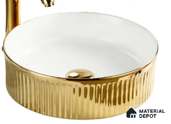 Avyra Sink BS 00087 Gilded Flute 370 x 370 x 130 mm Circular Ceramic Glossy Finish Designer Basin - 130 mm | Suitable For Bathroom, Vanity & Utility Areas