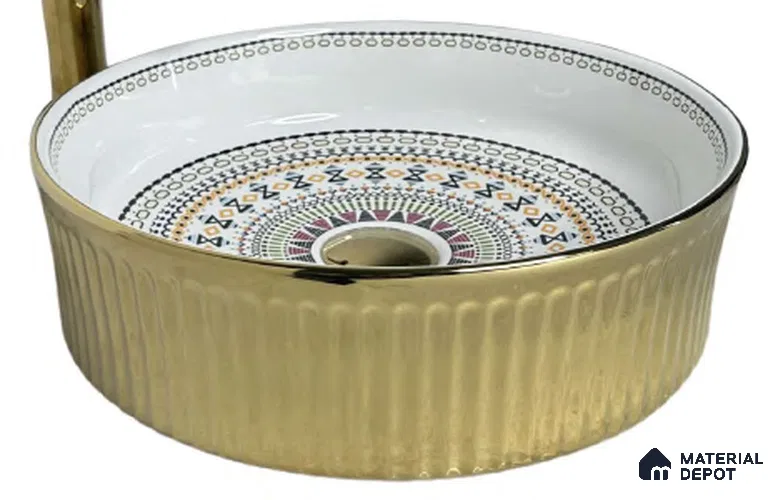 Avyra Sink BS 00088 Aztec Gold 370 x 370 x 130 mm Circular Ceramic Glossy Finish Designer Basin - 130 mm | Suitable For Bathroom, Vanity & Utility Areas