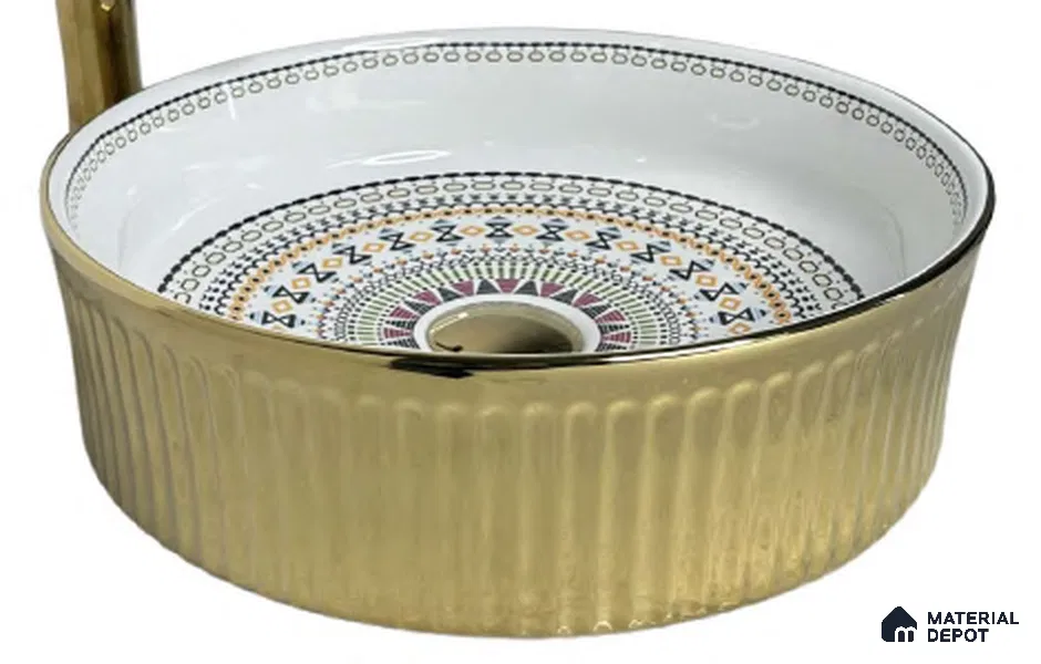 Avyra Sink BS 00088 Aztec Gold 370 x 370 x 130 mm Circular Ceramic Glossy Finish Designer Basin - 130 mm | Suitable For Bathroom, Vanity & Utility Areas
