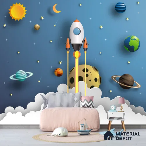 3D Space Theme Wallpaper with Solar System for Kids, Blue Sparkla N Shine Series Soft Feel Space Design (Customised Size Wallpaper)