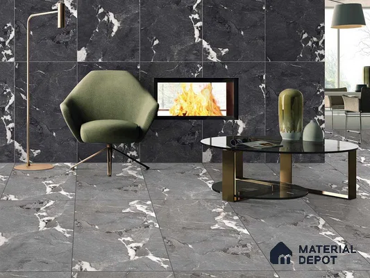Marble Floor & Wall Tile TL 09179 Scion Nero 4 ft x 2 ft Dazzle Finish Vitrified Tile - 9 mm | 7 Random Design | Suitable For Living Room, Bedroom, Dining Area