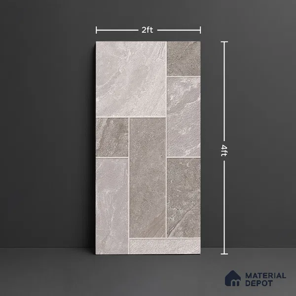 Punch Stone Floor & Wall Tile TL 07947 D Romagna Light Grey 4 ft x 2 ft Matte Finish  Vitrified Tile - 9 mm  | 4 Random Designs | Suitable For living Room, Bedroom, Bathroom