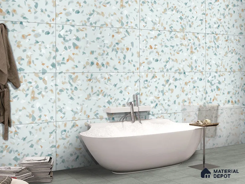 Terrazzo Floor & Wall Tile TL 09354 Carmen Teal 4 ft x 2 ft Polished Finish Vitrified Tile - 9 mm | 4 Random Design | Suitable For Living Room, Bedroom, Dining Area