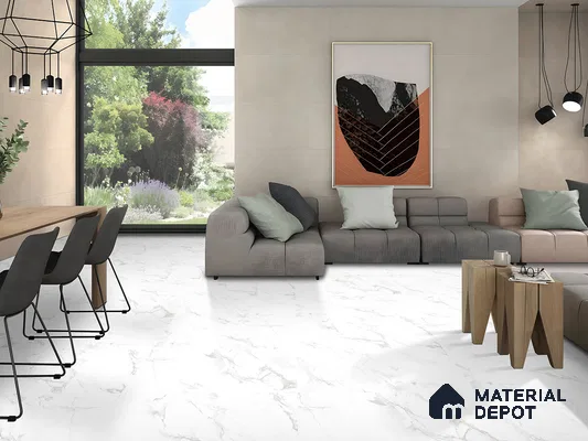 Marble Floor & Wall Tile TL 09242 Smoke White Silk 4 ft x 2 ft Satin Finish Vitrified Tile - 9 mm | 4 Random Design | Suitable For Living Room, Bedroom, Dining Area