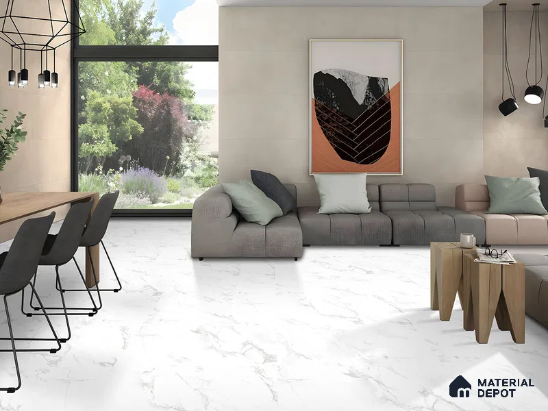 Marble Floor & Wall Tile TL 09242 Smoke White Silk 4 ft x 2 ft Satin Finish Vitrified Tile - 9 mm | 4 Random Design | Suitable For Living Room, Bedroom, Dining Area