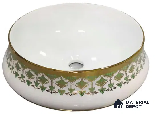 Avyra Sink BS 00085 Royal Garland 400 x 400 x 140 mm Circular Ceramic Glossy Finish Designer Basin - 140 mm | Suitable For Bathroom, Vanity & Utility Areas