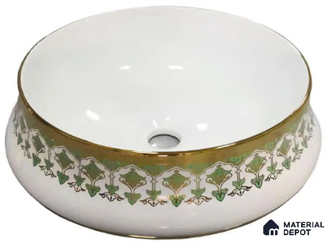 Avyra Sink BS 00085 Royal Garland 400 x 400 x 140 mm Circular Ceramic Glossy Finish Designer Basin - 140 mm | Suitable For Bathroom, Vanity & Utility Areas