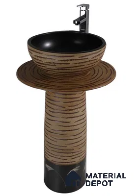 Nivora Sink BS 00113 Rustic Bark Basin size (400x400x150 mm) - Plate Size (516x475x10 mm) - Pedestal Size (265x265x670 mm) Circular Ceramic Matte Finish Pedestal Basin - 150 mm | Suitable For Bathroom, Vanity & Utility Areas | Total 3 Pieces Set of Basin, Plate & Pedestal Stand Included