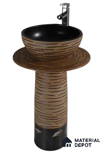 Nivora Sink BS 00113 Rustic Bark Basin size (400x400x150 mm) - Plate Size (516x475x10 mm) - Pedestal Size (265x265x670 mm) Circular Ceramic Matte Finish Pedestal Basin - 150 mm | Suitable For Bathroom, Vanity & Utility Areas | Total 3 Pieces Set of Basin, Plate & Pedestal Stand Included
