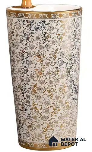 Avyra Sink BS 00047 Gold Damask 400 x 400 x 820 mm Circular Ceramic Matte Finish Pedestal Basin - 820 mm | Suitable For Bathroom, Vanity & Utility Areas
