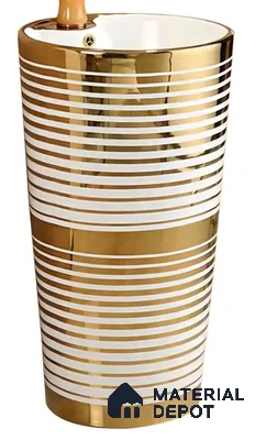 Avyra Sink BS 00046 Gold Stripe 400 x 400 x 820 mm Circular Ceramic Matte Finish Pedestal Basin - 820 mm | Suitable For Bathroom, Vanity & Utility Areas