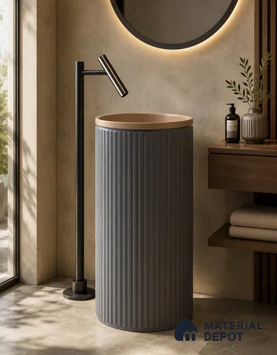 Avyra Sink BS 00180 Slate Fluted 400 x 400 x 870 mm Circular Ceramic Matte Finish Designer Basin - 870 mm | Suitable For Bathroom, Vanity & Utility Areas