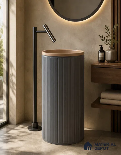 Avyra Sink BS 00180 Slate Fluted 400 x 400 x 870 mm Circular Ceramic Matte Finish Designer Basin - 870 mm | Suitable For Bathroom, Vanity & Utility Areas