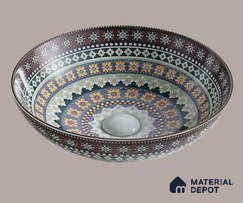 Avyra Sink BS 00193 Boho Mosaic 405 x 405 x 125 mm Circular Ceramic Matte Finish Designer Basin - 125 mm | Suitable For Bathroom, Vanity & Utility Areas