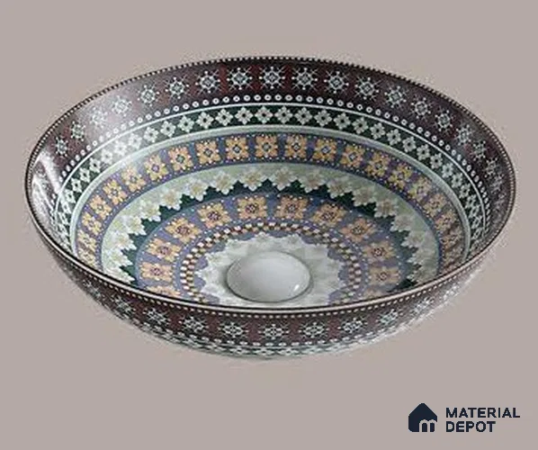 Avyra Sink BS 00193 Boho Mosaic 405 x 405 x 125 mm Circular Ceramic Matte Finish Designer Basin - 125 mm | Suitable For Bathroom, Vanity & Utility Areas