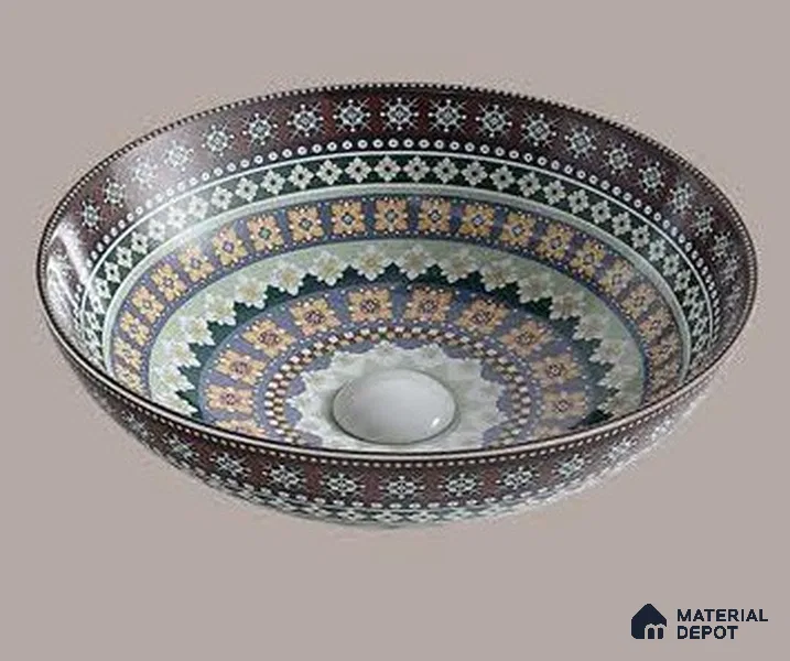 Avyra Sink BS 00193 Boho Mosaic 405 x 405 x 125 mm Circular Ceramic Matte Finish Designer Basin - 125 mm | Suitable For Bathroom, Vanity & Utility Areas