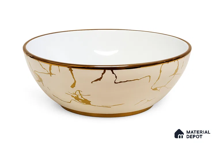 Veyora Sink BS 00130 Cream Kintsugi 406 x 330 x 168 mm Circular Ceramic Glossy Finish Designer Basin - 168 mm | Suitable For Bathroom, Vanity & Utility Areas