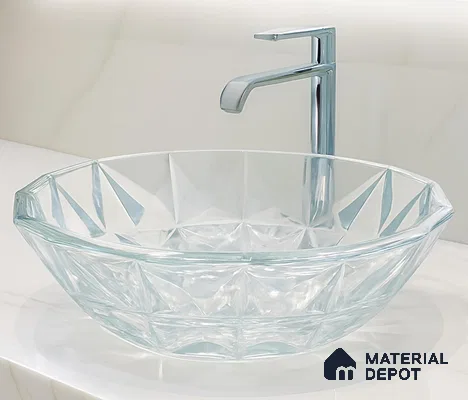 Veyora Sink BS 00173 E Clear 406 x 406 mm Circular Glass Crystal Finish Designer Basin | Suitable For Bathroom, Vanity & Utility Areas