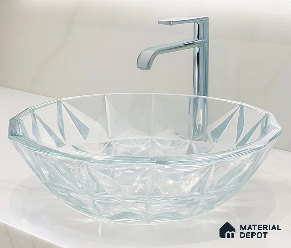Veyora Sink BS 00173 E Clear 406 x 406 mm Circular Glass Crystal Finish Designer Basin | Suitable For Bathroom, Vanity & Utility Areas