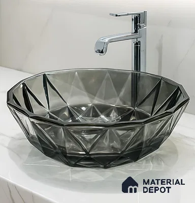 Veyora Sink BS 00173 F Smoke 406 x 406 mm Circular Glass Crystal Finish Designer Basin | Suitable For Bathroom, Vanity & Utility Areas