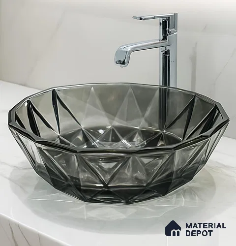 Veyora Sink BS 00173 F Smoke 406 x 406 mm Circular Glass Crystal Finish Designer Basin | Suitable For Bathroom, Vanity & Utility Areas