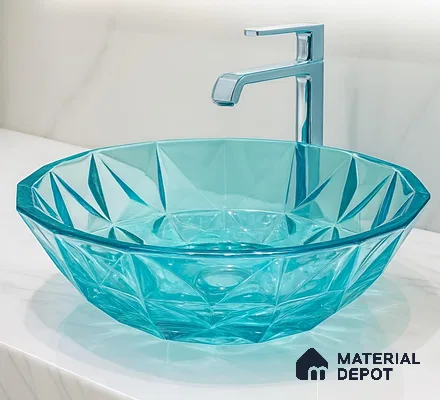 Veyora Sink BS 00173 C Aqua 406 x 406 mm Circular Glass Crystal Finish Designer Basin | Suitable For Bathroom, Vanity & Utility Areas