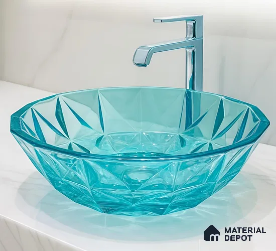 Veyora Sink BS 00173 C Aqua 406 x 406 mm Circular Glass Crystal Finish Designer Basin | Suitable For Bathroom, Vanity & Utility Areas