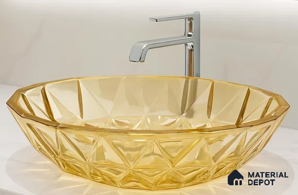 Veyora Sink BS 00173 Citrine 406 x 406 mm Circular Glass Crystal Finish Designer Basin | Suitable For Bathroom, Vanity & Utility Areas