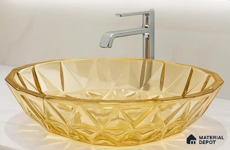 Veyora Sink BS 00173 Citrine 406 x 406 mm Circular Glass Crystal Finish Designer Basin | Suitable For Bathroom, Vanity & Utility Areas