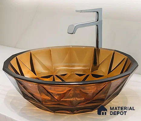 Veyora Sink BS 00173 G Amber 406 x 406 mm Circular Glass Crystal Finish Designer Basin | Suitable For Bathroom, Vanity & Utility Areas