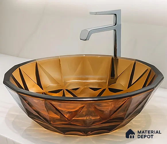 Veyora Sink BS 00173 G Amber 406 x 406 mm Circular Glass Crystal Finish Designer Basin | Suitable For Bathroom, Vanity & Utility Areas