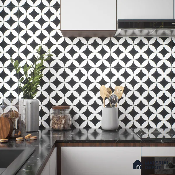 Moroccan Floor & Wall Tile TL 04358 Monochrome Star 1 ft x 1 ft Matte Finish Ceramic Tile - 9 mm | Suitable For Kitchen, Bathroom, Dining Area | Please Expect a Slight Variation of Pattern