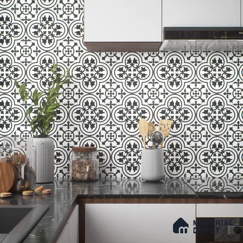 Moroccan Floor & Wall Tile TL 04360 Monochrome Floral 1 ft x 1 ft Matte Finish Ceramic Tile - 9 mm | Suitable For Kitchen, Bathroom, Balcony | Please Expect a Slight Variation of Pattern