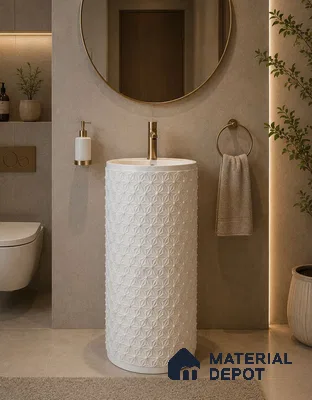 Avyra Sink BS 00179 Snow Petal 420 x 420 x 860 mm Circular Ceramic Matte Finish Designer Basin - 860 mm | Suitable For Bathroom, Vanity & Utility Areas