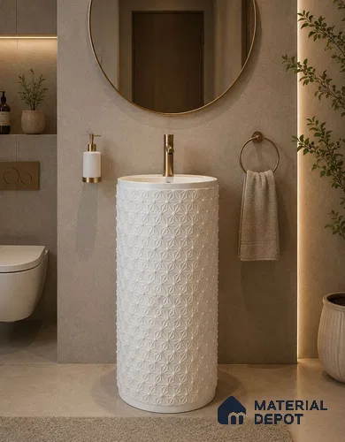 Avyra Sink BS 00179 Snow Petal 420 x 420 x 860 mm Circular Ceramic Matte Finish Designer Basin - 860 mm | Suitable For Bathroom, Vanity & Utility Areas